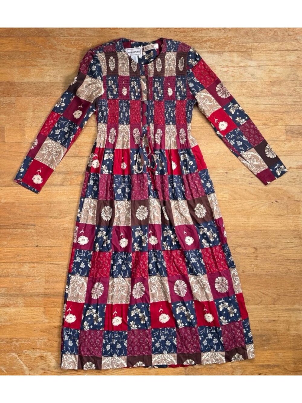 Vintage Patchwork Floral Maxi Dress Size Small Rayon Long Sleeve Cottagecore
